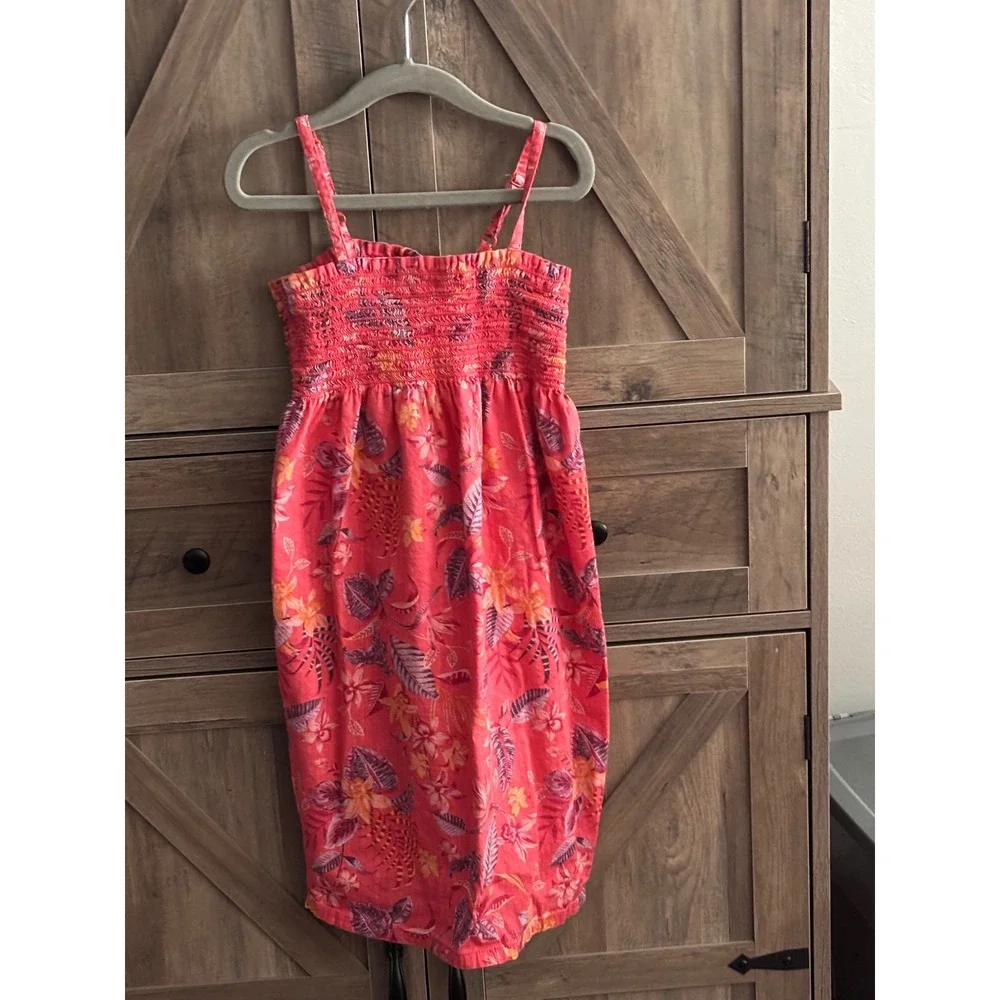 Old Navy Girls Coral Pink Tropical Floral Smocked Midi Sun Dress Size S 6-7
